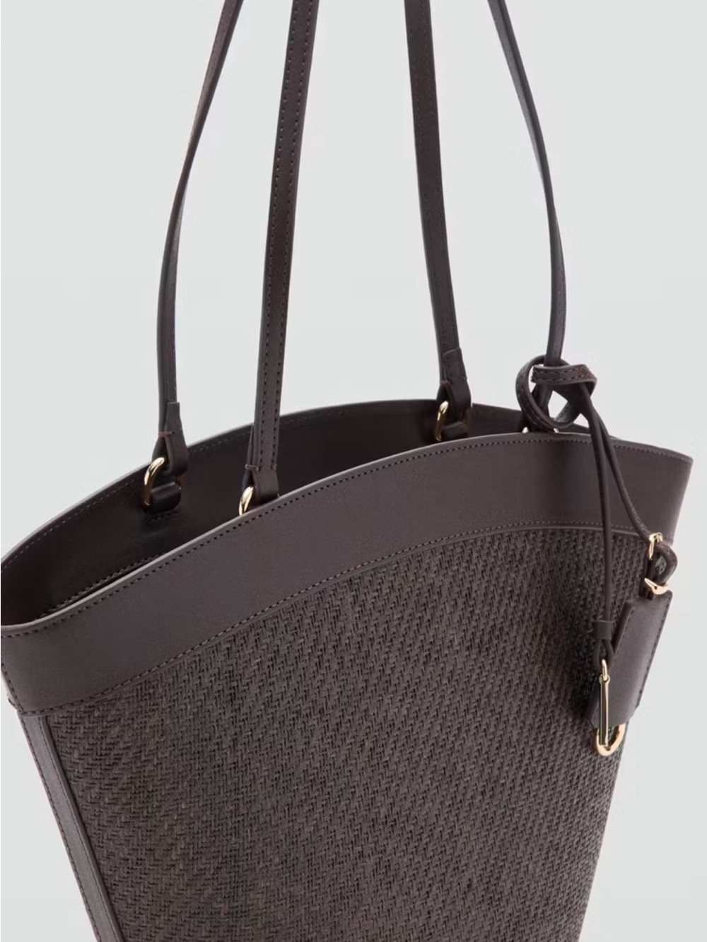 MANGO Woven Shopper Tote Bag Brown Gold Hardware NWT